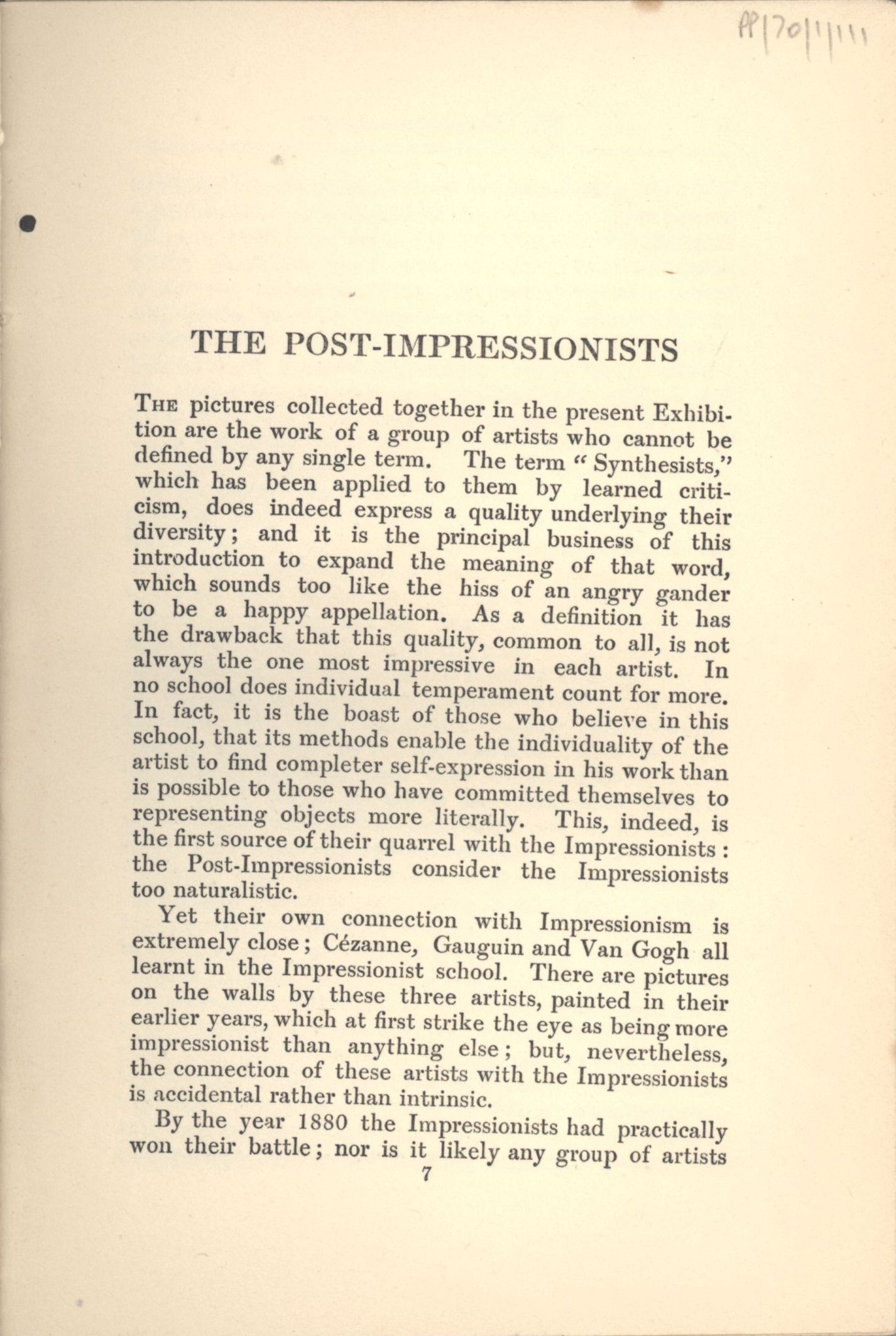 Preface to the ‘Manet and the Post-Impressionists’ exhibition catalogue. [JMK/PP/70/1]