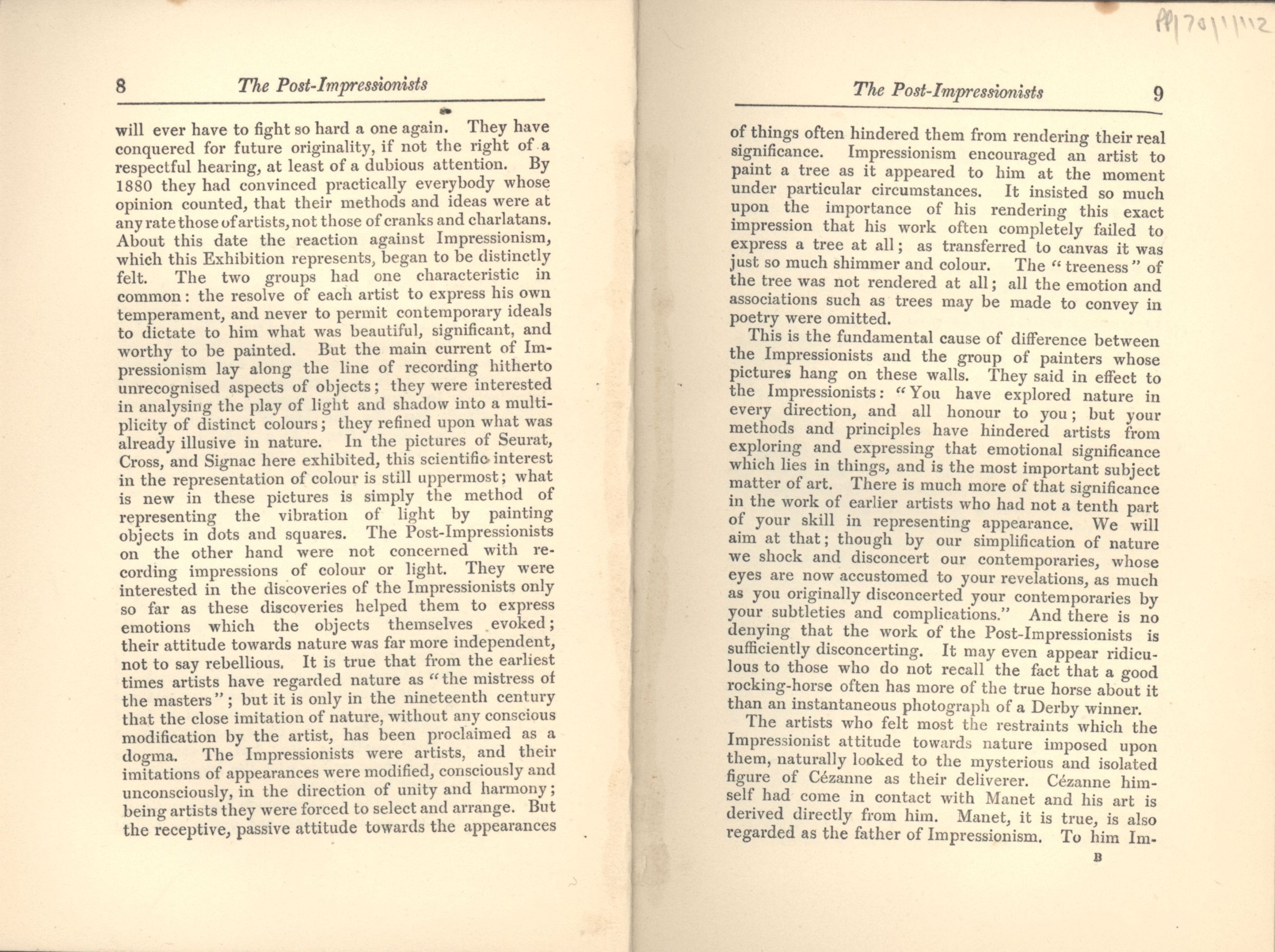 Preface to the ‘Manet and the Post-Impressionists’ exhibition catalogue. [JMK/PP/70/1]