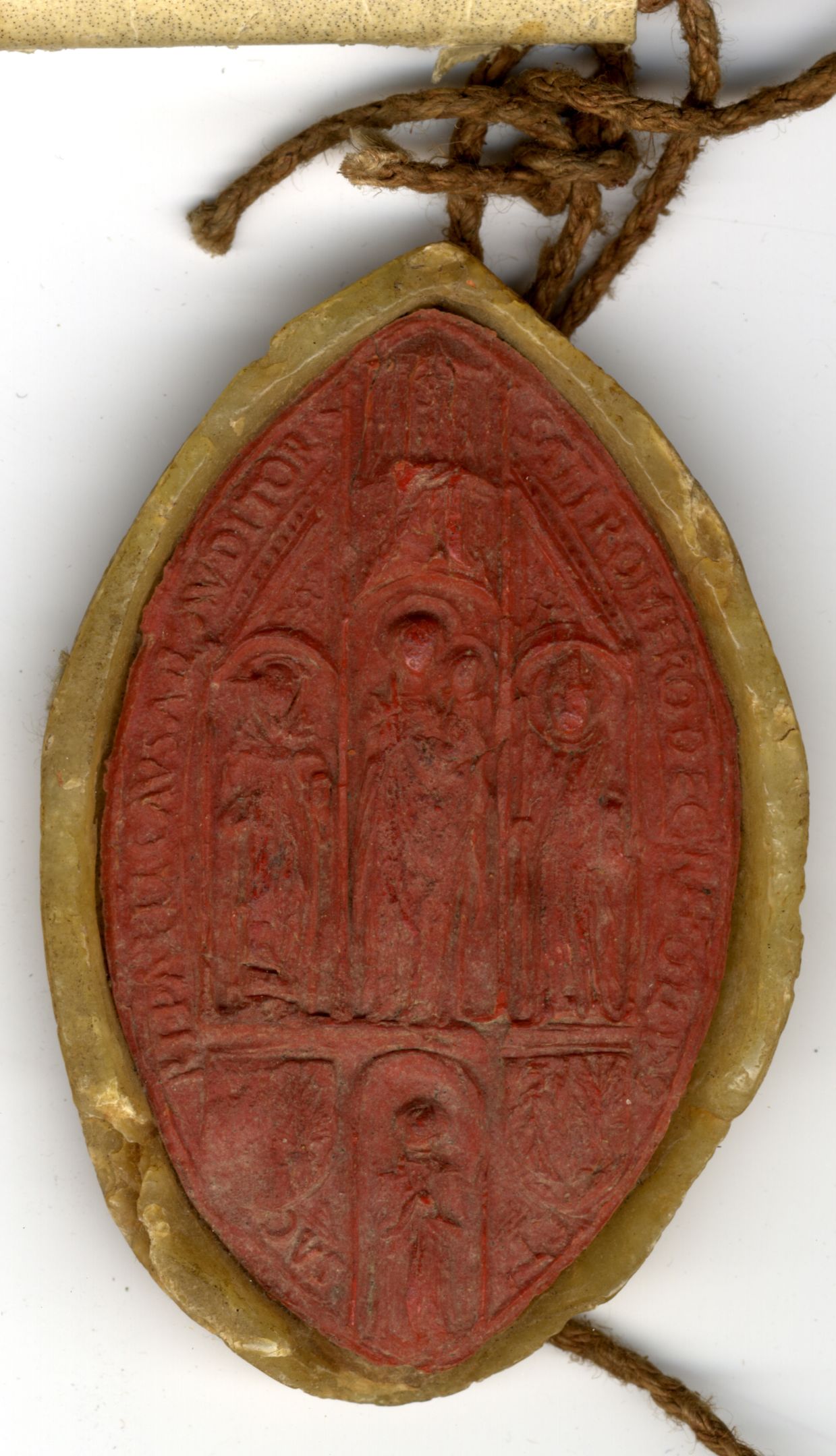 Vesica-shaped seal of Romero, Papal Chaplain on a citation from the court of Rome, 1463 (FOR/50)
