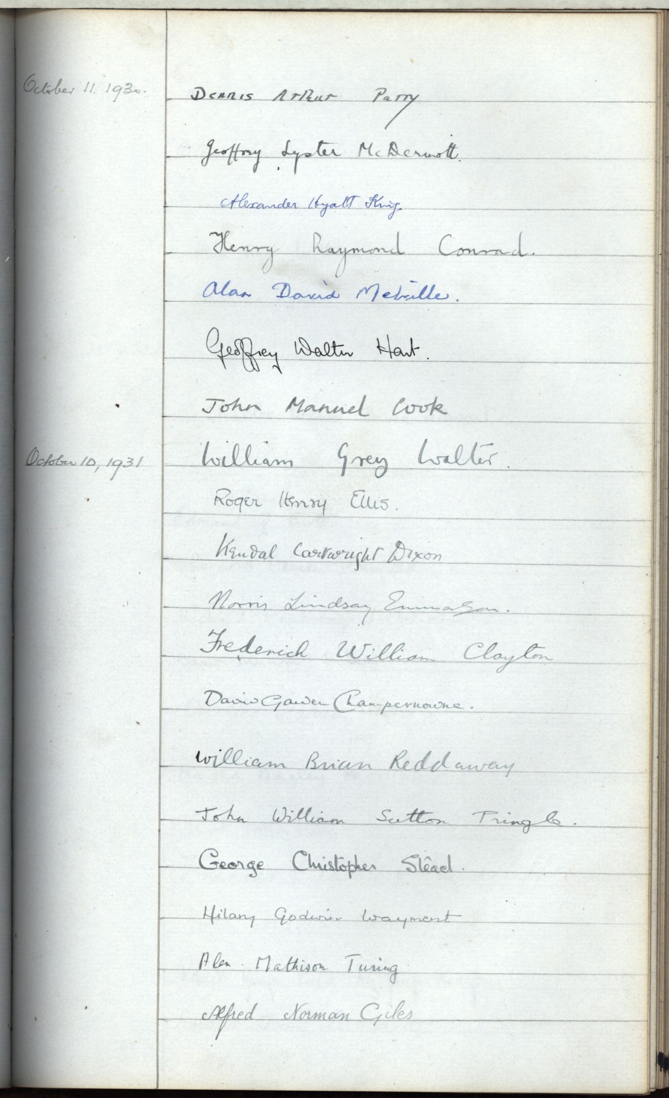 Turing's signature in the Scholar's book promising to uphold the College statutes. [KCAC/2/5]