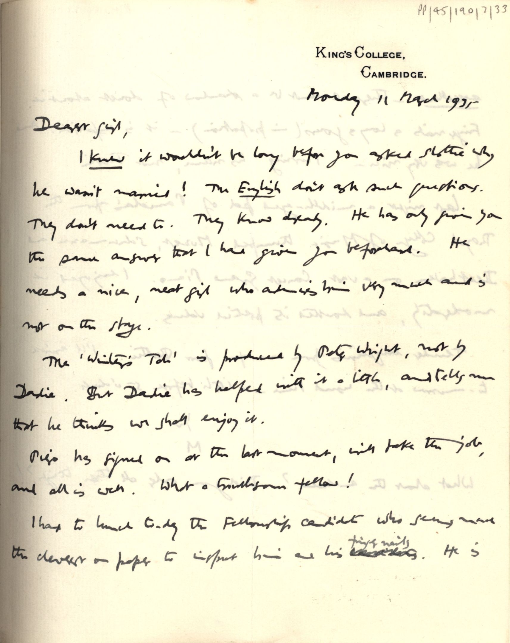 First page of JM Keynes’ letter to Lydia, 11 March 1935. [JMK PP/45/190/7/33]