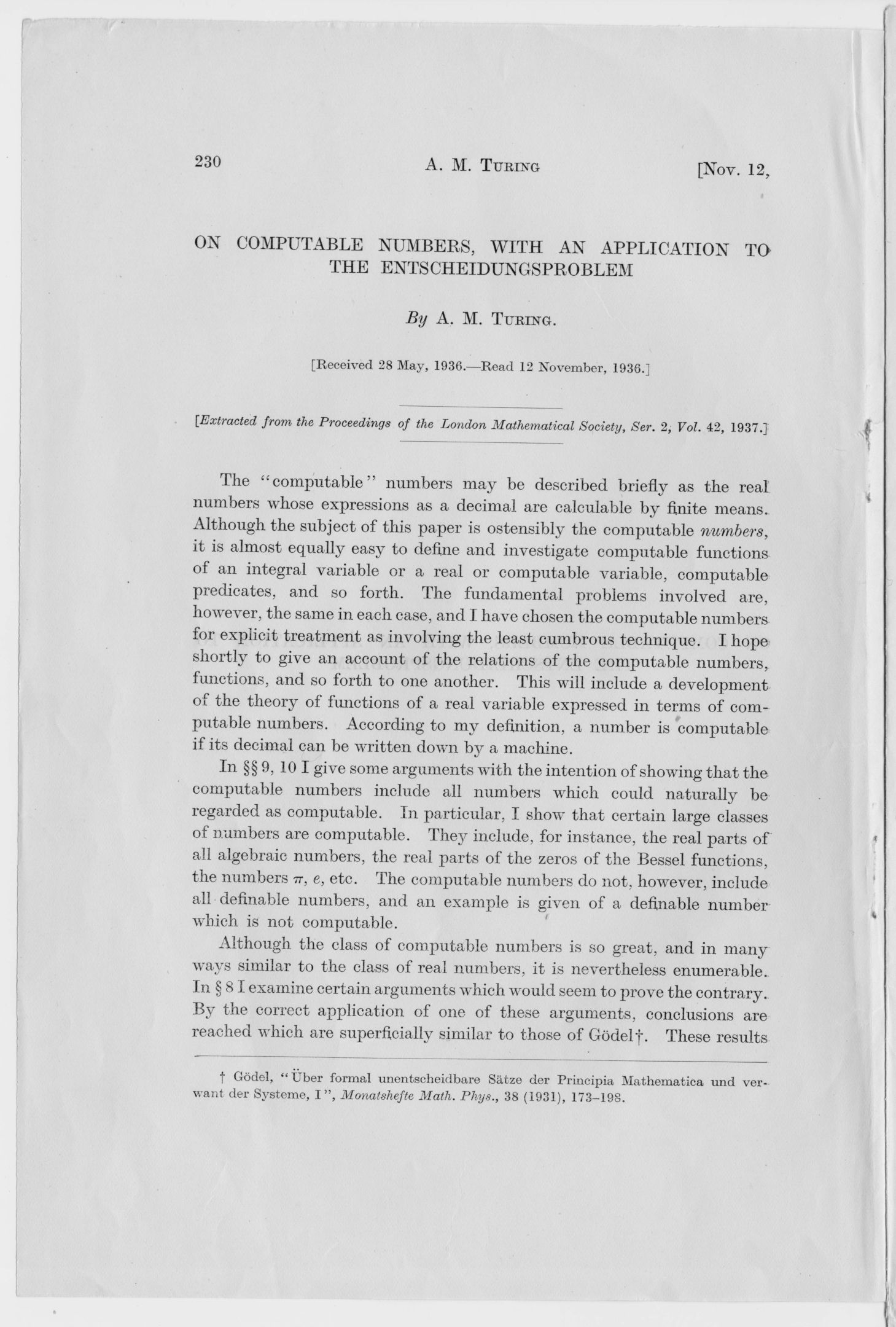 First page of ‘On Computable Numbers’. [AMT/B/12]