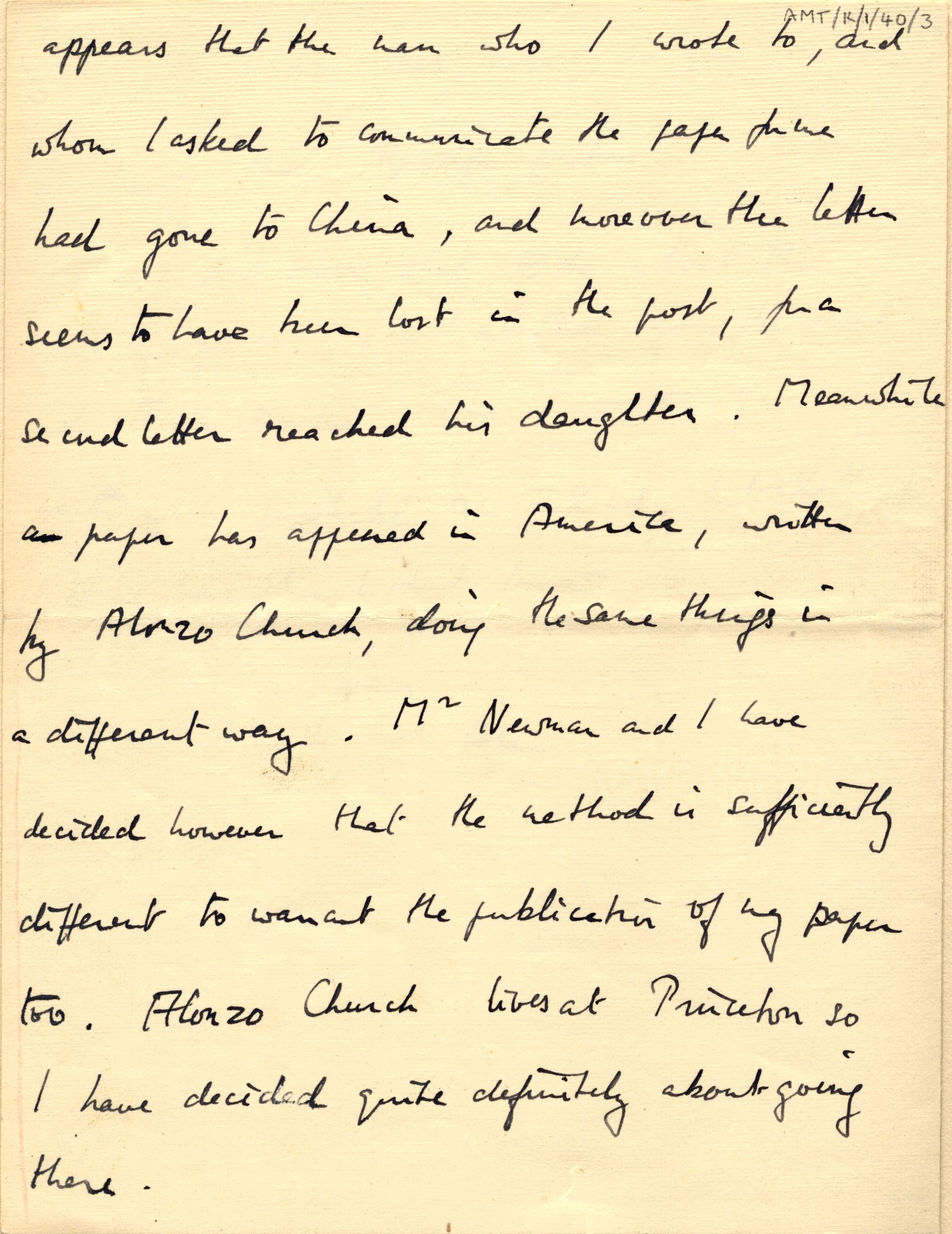Continuation of a letter to his mother on the progress of 'On Computable Numbers' noting the appearance of a similar treatise by Church. [AMT/K/1/40]