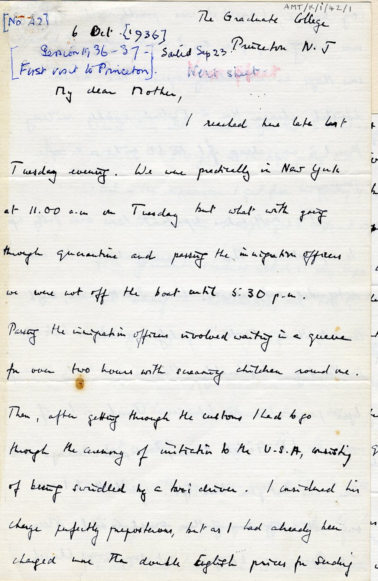 First page of a letter to his mother dated 6 October 1936. [AMT K/1/42]