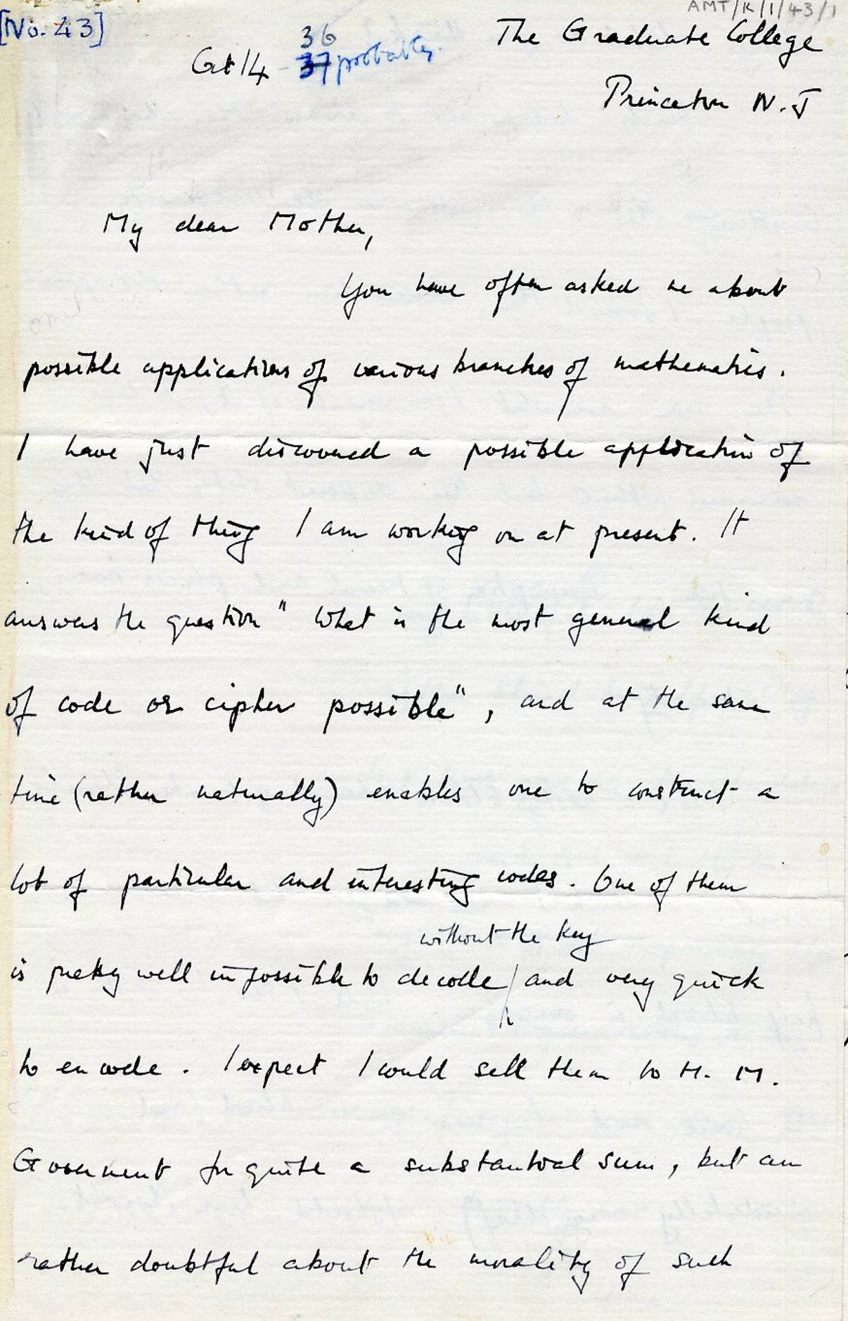 First page of a letter to his mother dated 14 October 1936. [AMT K/1/43]