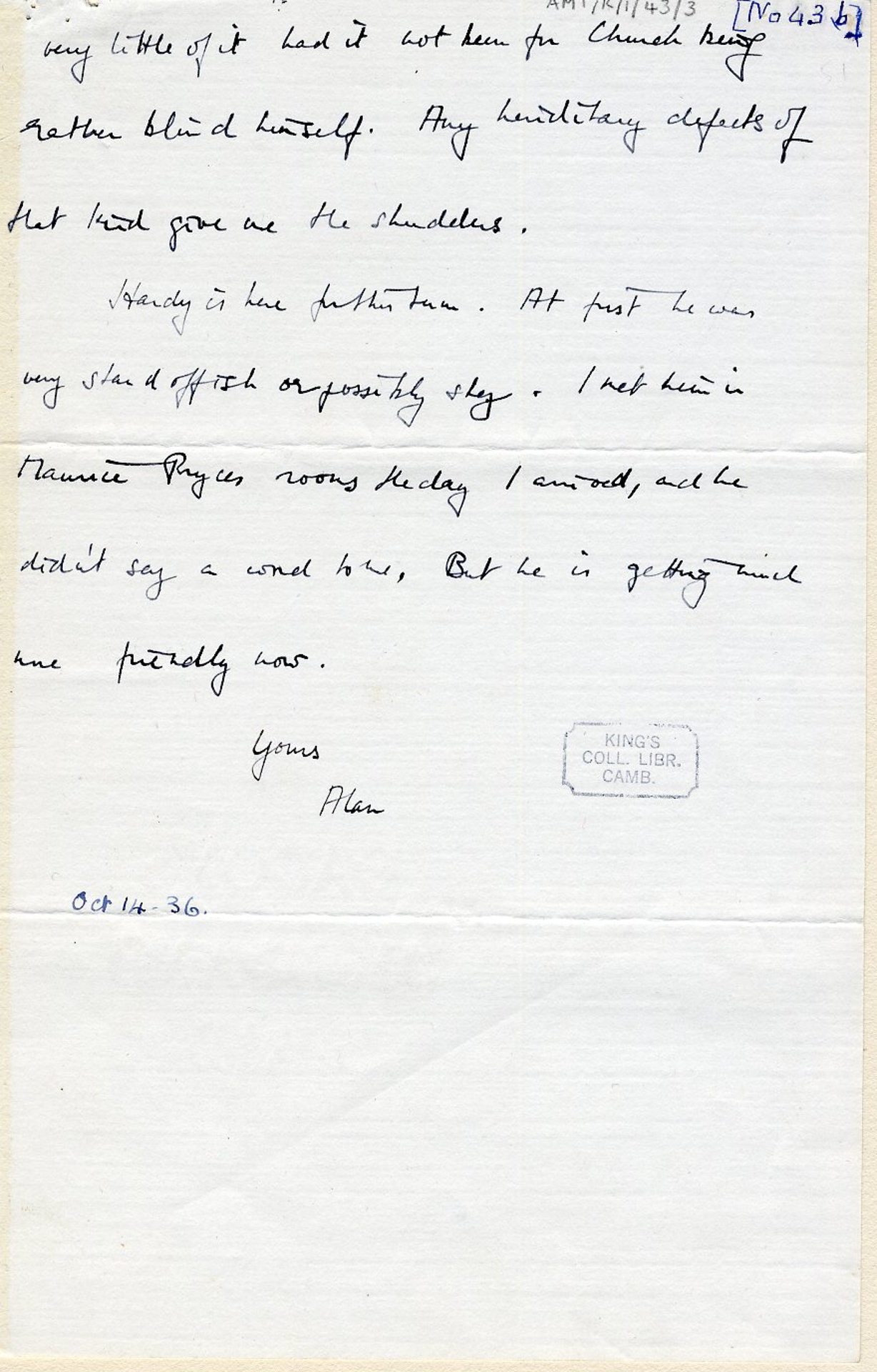 Third page of a letter to his mother dated 14 October 1936. [AMT K/1/43]