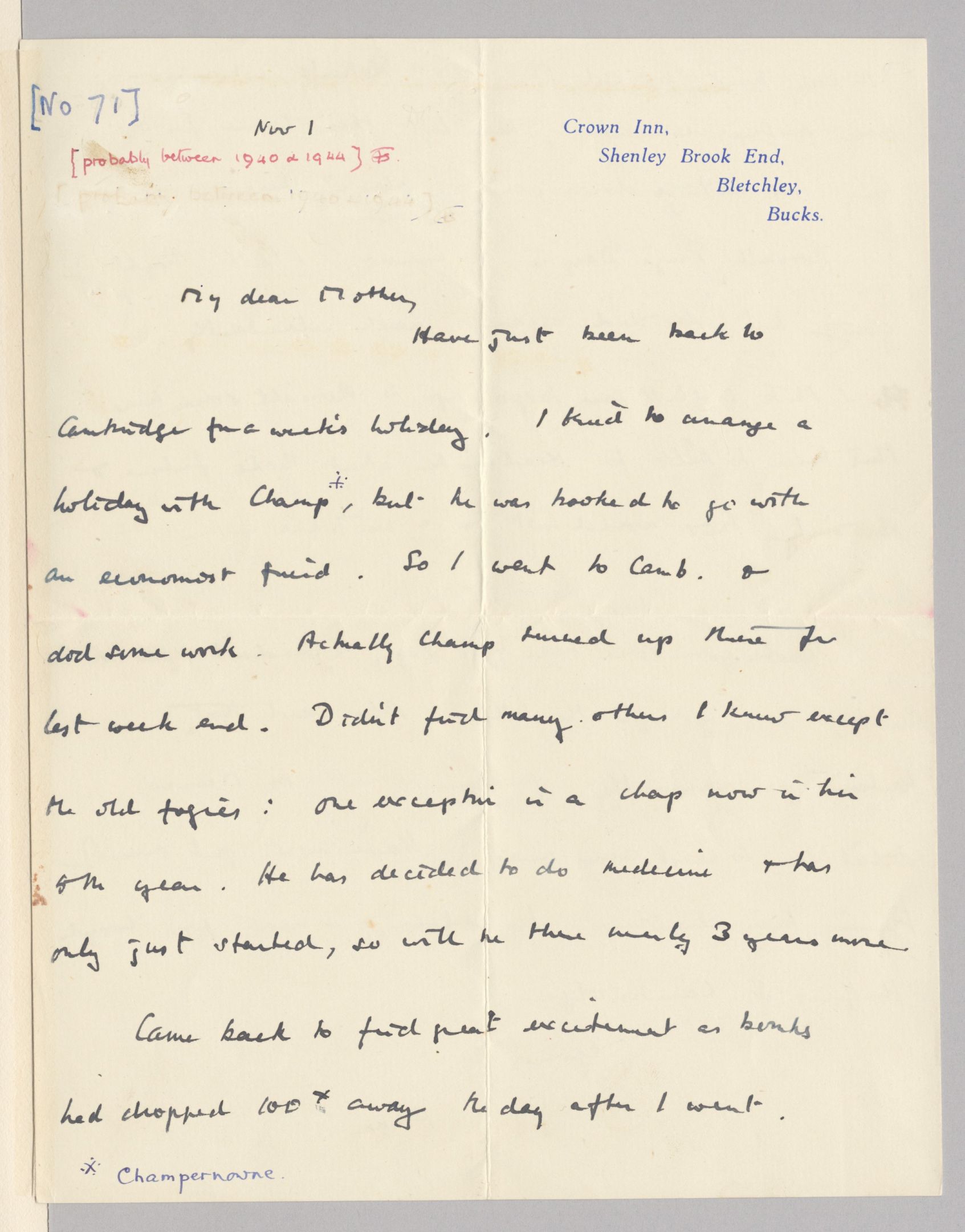 First page of a letter to his mother dated 1 November (no year) . [AMT K/1/71]