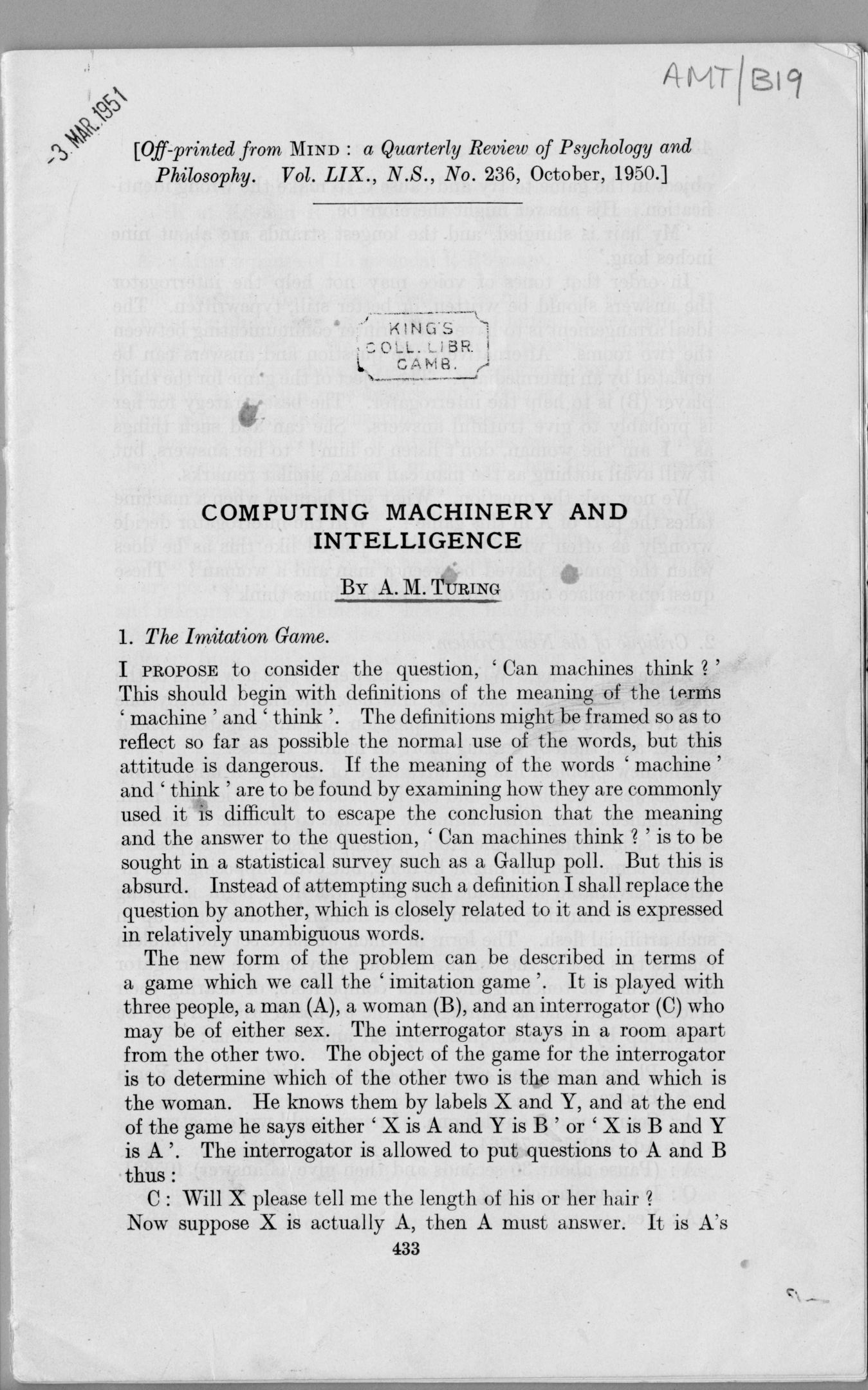 First page of ‘Computing Machinery and Intelligence’. [AMT B/19]