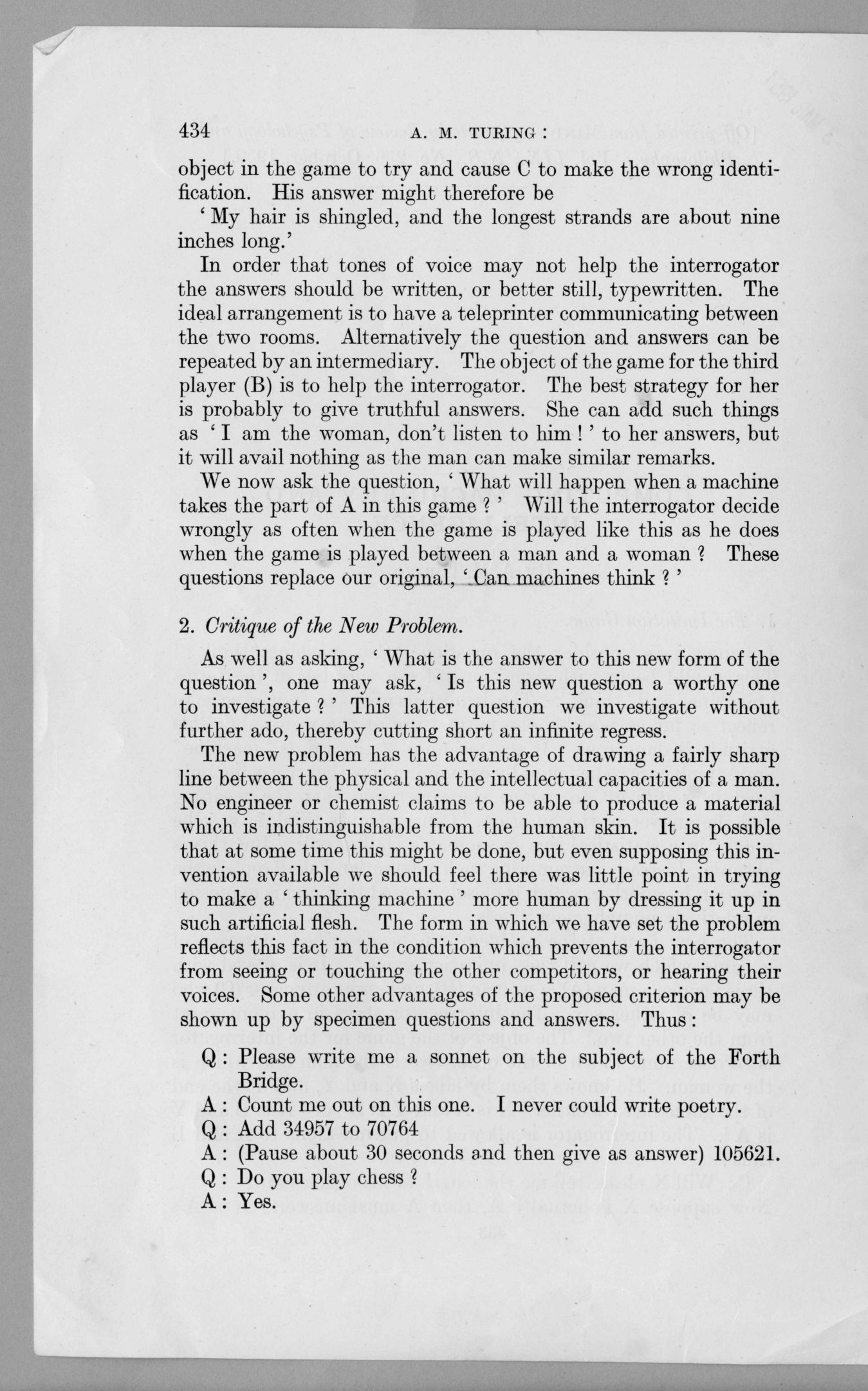Second page of ‘Computing Machinery and Intelligence’. [AMT B/19]