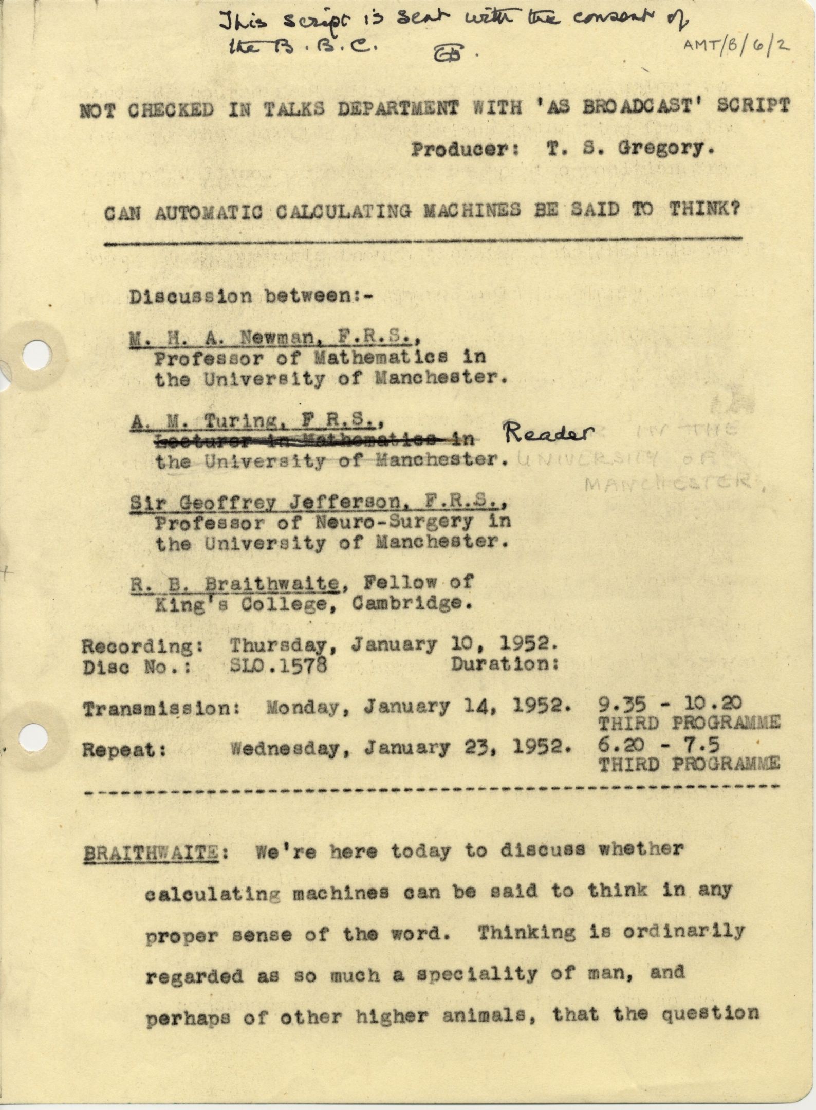 First page of a transcript of a 1952 BBC broadcast discussion about thinking machines, involving Turing. [AMT/B/6]