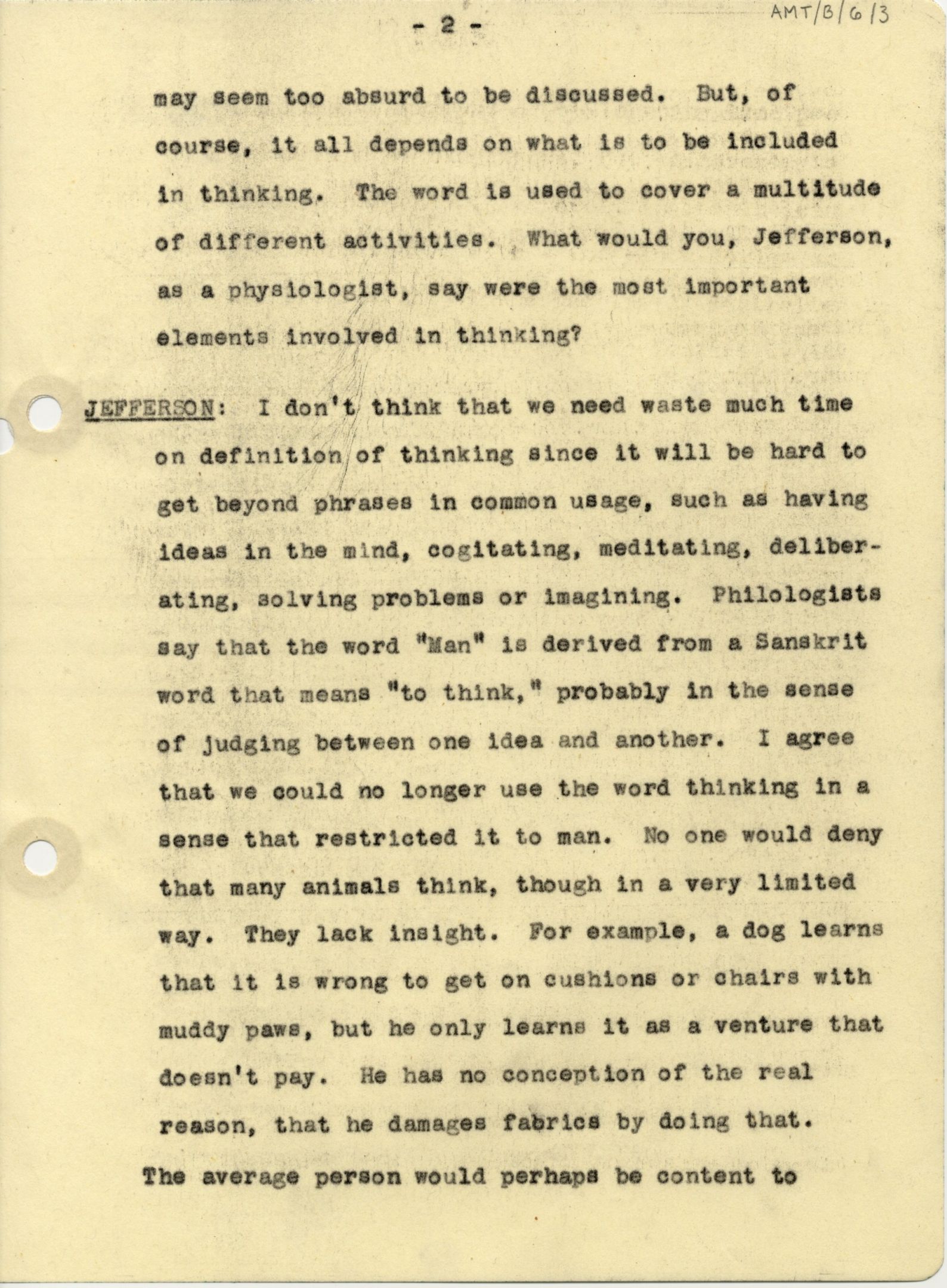 Second page of a transcript of a 1952 BBC broadcast discussion about thinking machines, involving Turing. [AMT/B/6]