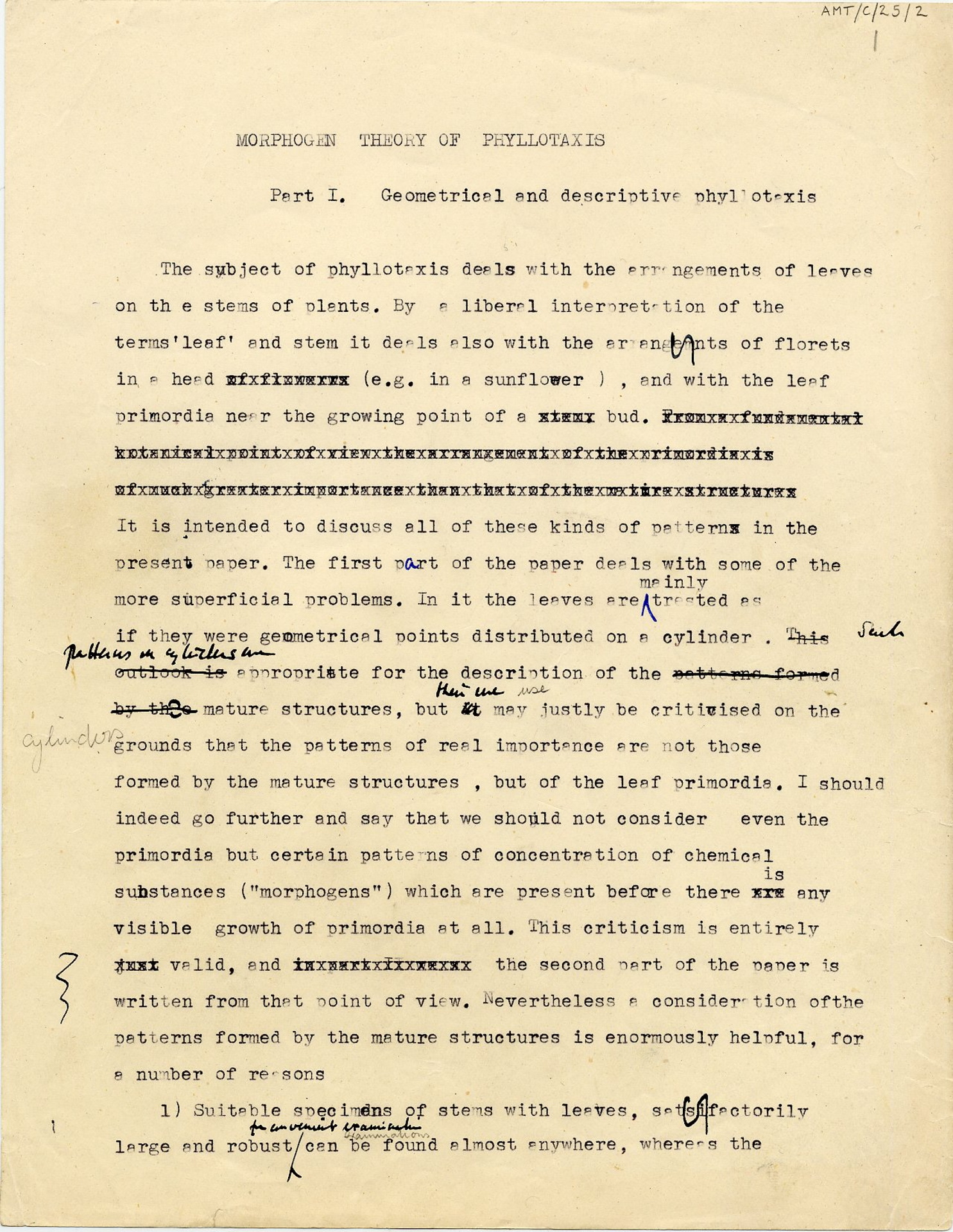 First page of Turing’s 1952 paper on morphogenetic theory. [AMT C/25]