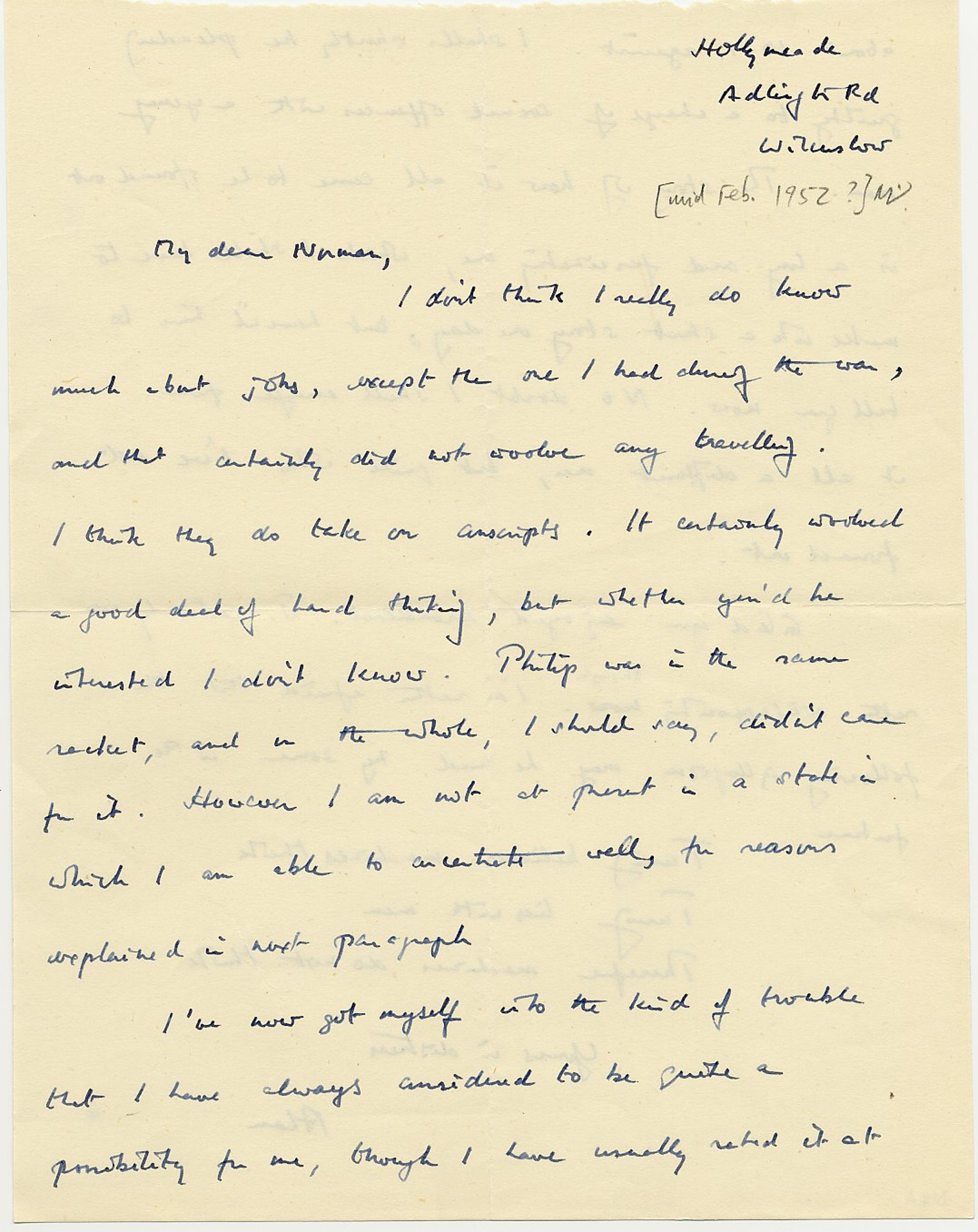 First page of Turing’s letter to Norman Routledge, c. February 1952. [AMT D/14a]