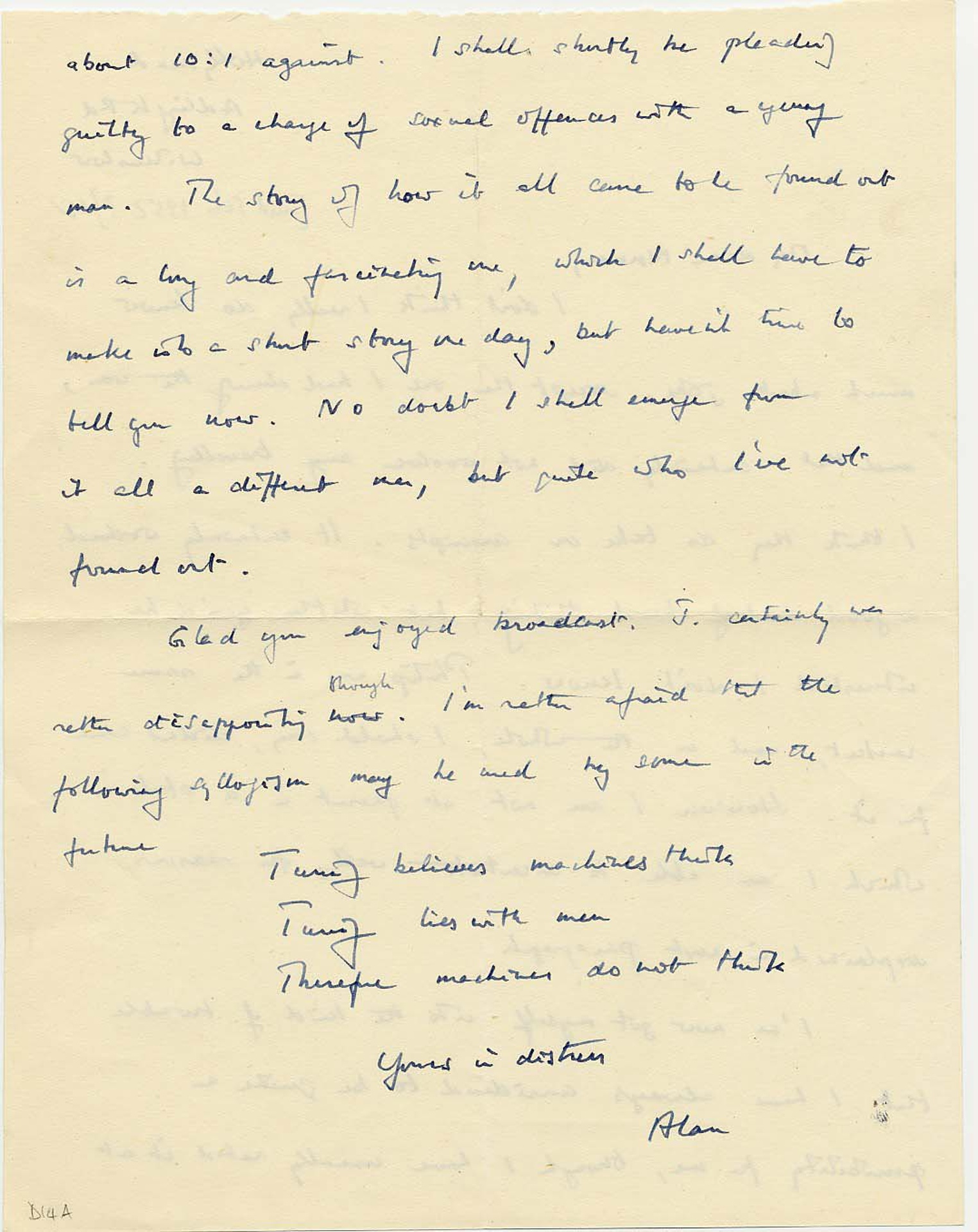 Second page of Turing’s letter to Norman Routledge, c. February 1952. [AMT D/14a]