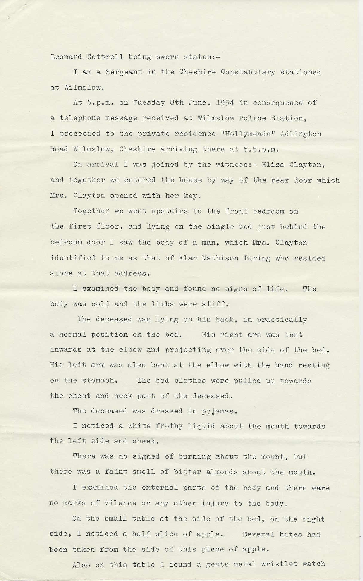 First page of Leonard Cottrell’s deposition. [AMT K/6]