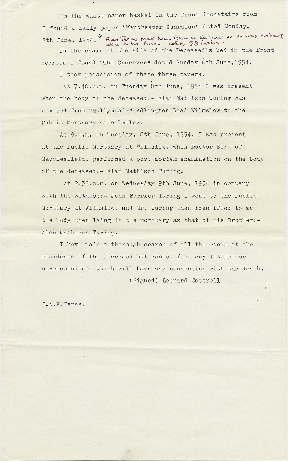 Third page of Leonard Cottrell’s deposition. [AMT K/6]