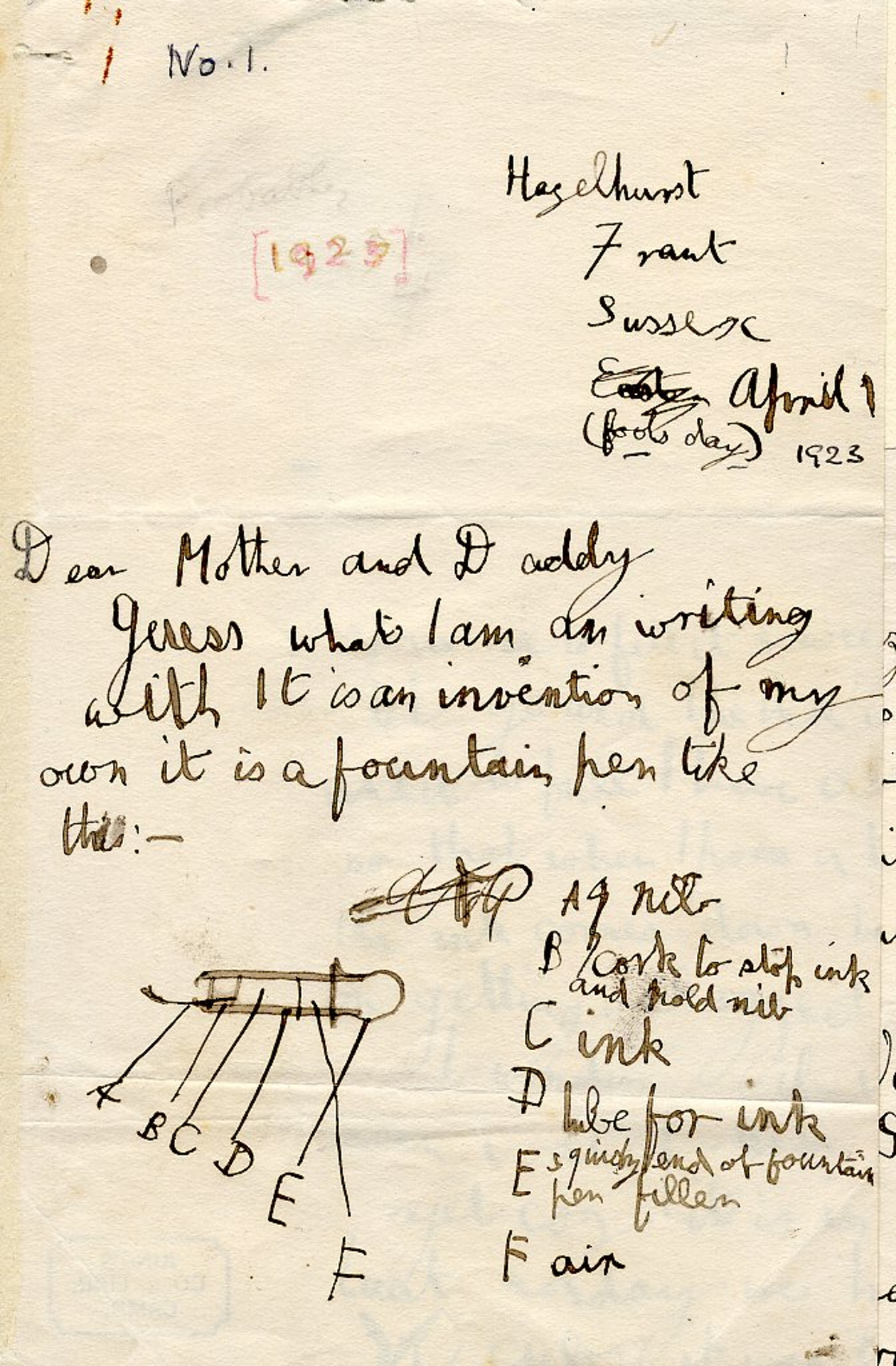 First page of a letter to his parents regarding an invention, an ink pen and ink. [AMT/K/1/1]