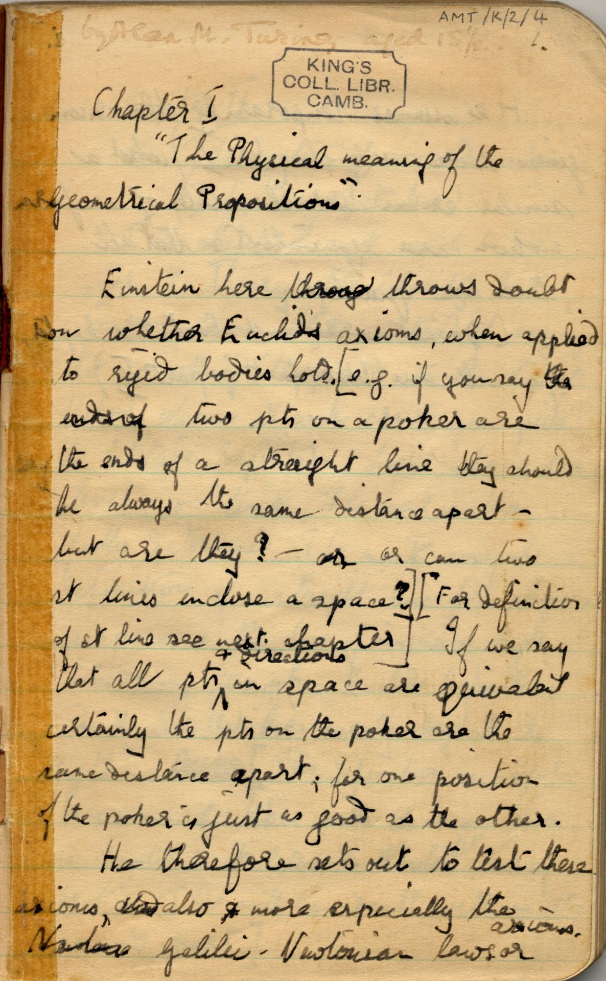 At the age of 15 Turing wrote a précis of Einstein’s The Theory of Relativity for his mother. [AMT/K/2]