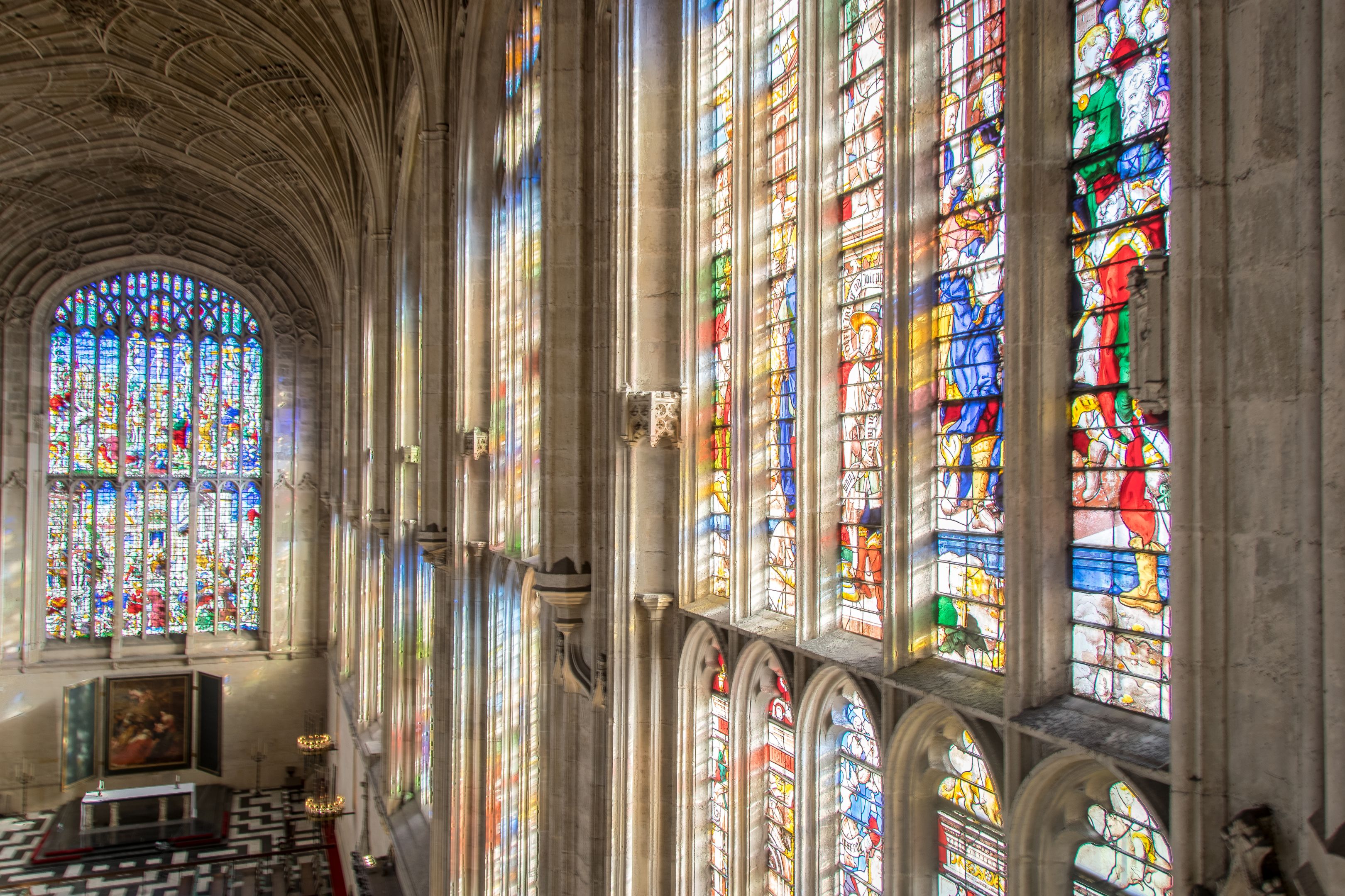 Stained glass windows inside King's College Chapel