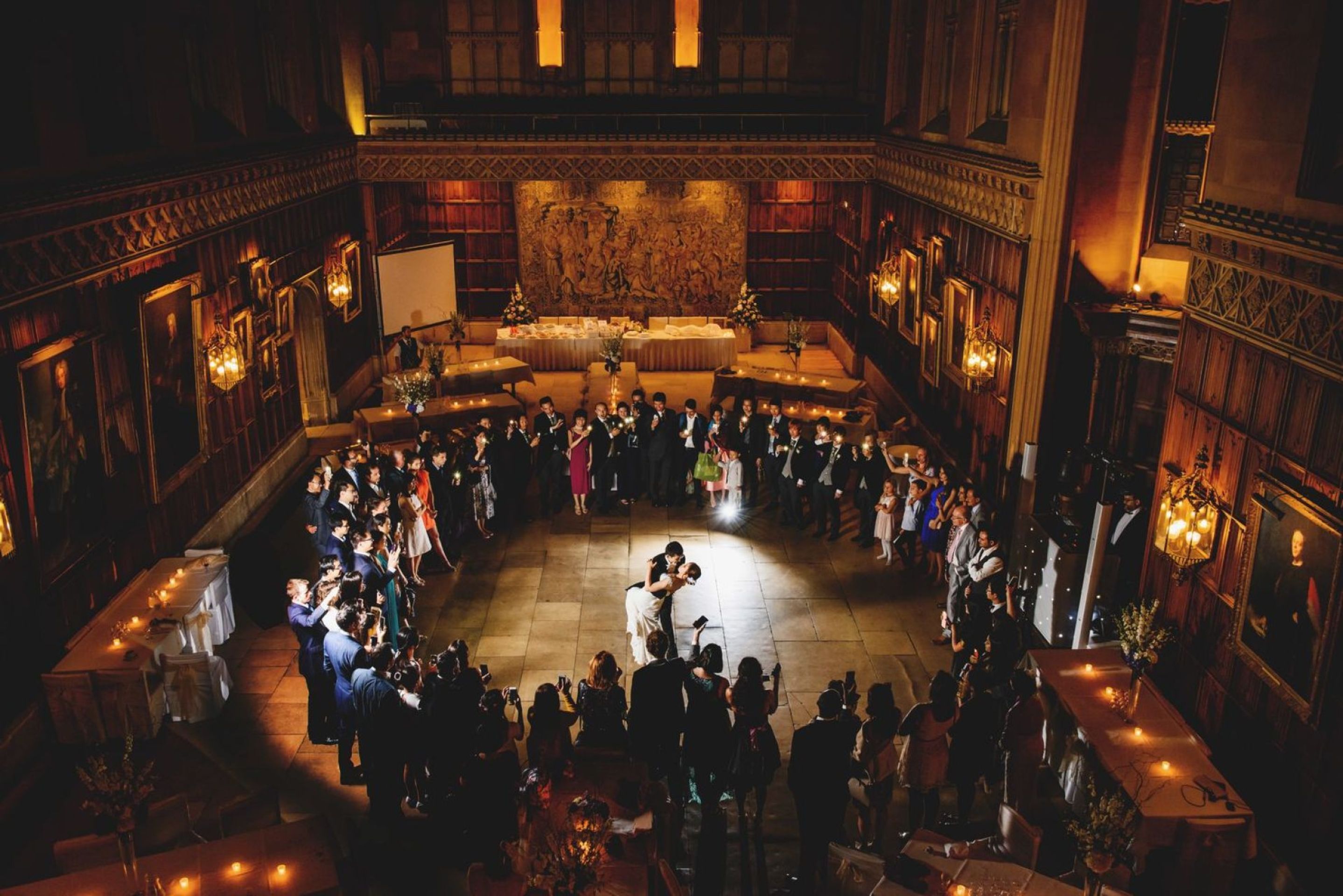 bird's eye view of bride and groom first dance