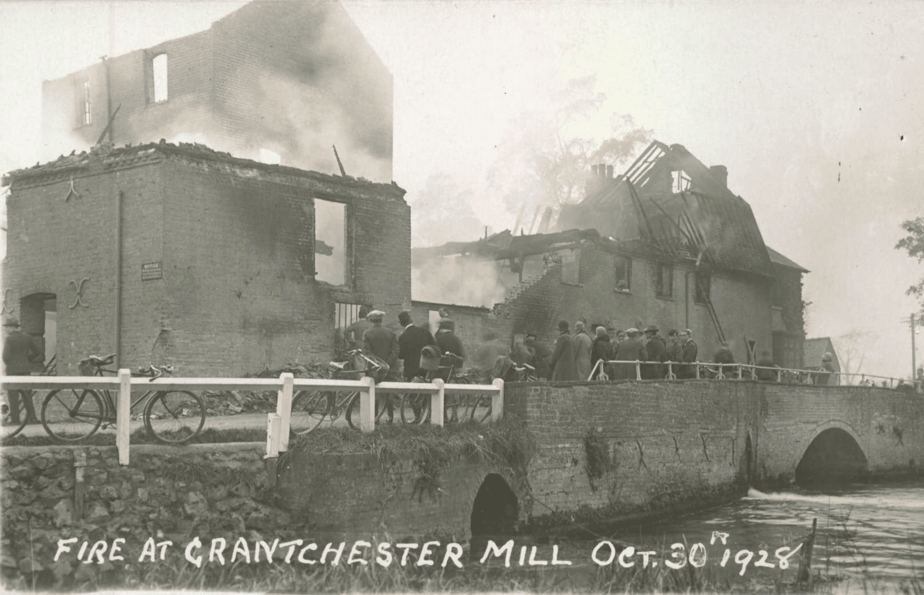 Old photo of fire at Grantchester Mill