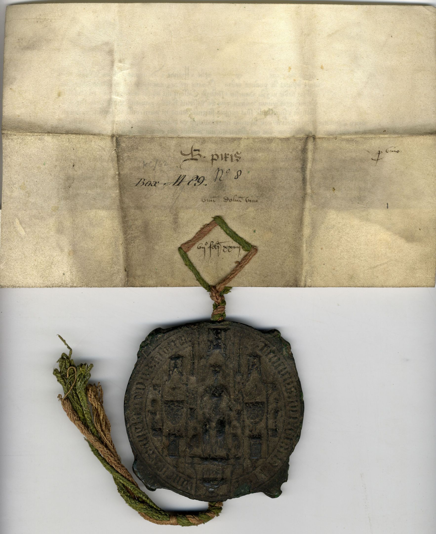 Royal Letters Patent granting an annuity of one tun (252 gallons) of wine in King's Lynn or London. 7 February 1446. Archive Centre, King’s College, Cambridge. KC/62 (verso)