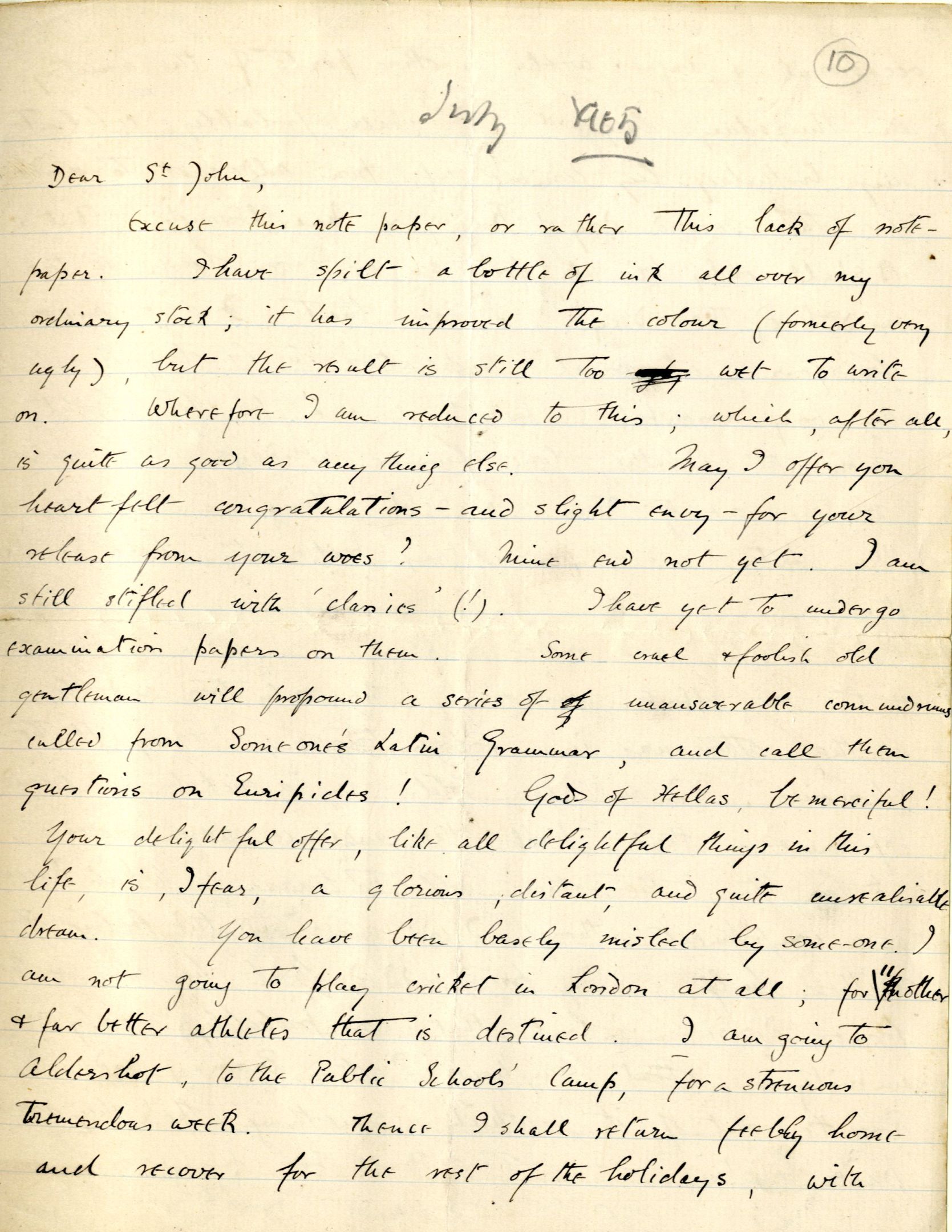 Letter from Rupert Brooke to St John Lucas, July 1905. Archive Centre, King’s College, Cambridge. RCB/L/2, letter 10 (first page)