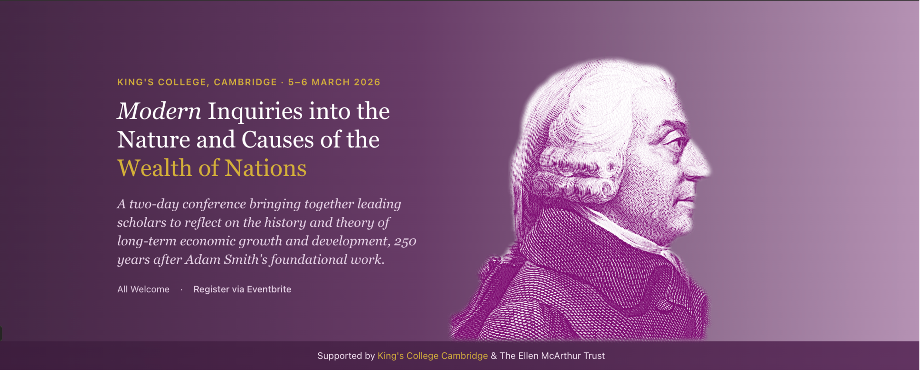 conference banner with image of Adam Smith on the right and text about conference on the left. 